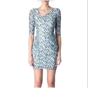 Reiss Blue Floral Mesh Lace Asymmetric Neck Rachel Mini Dress Size 2